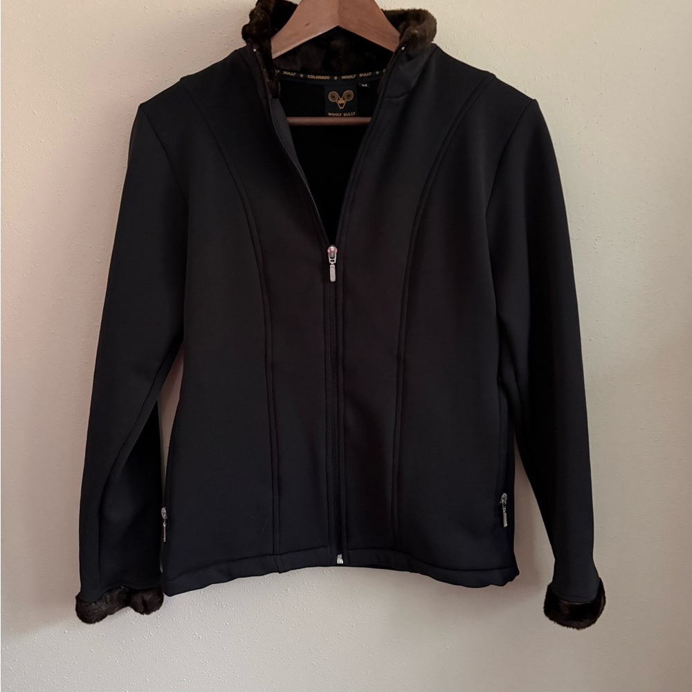 Black Faux Fur Trim Zip Jacket Medium Softshell Fleece Lined Coat